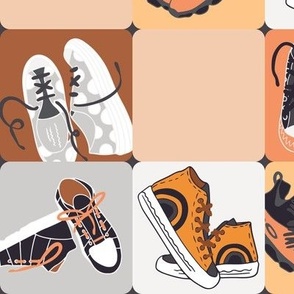Colorful sneakers (XL) on the checkerboard  - peach orange, grey, black, white, brown