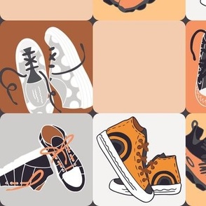 Colorful sneakers (M) on the checkerboard  - peach orange, grey, black, white, brown