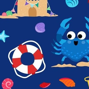 Large Crab Castles Cute Crabs and Sandcastles Dark Blue