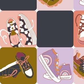 Colorful sneakers (XL) on the checkerboard   - mustard green, violet, taupe black, peach, lilac