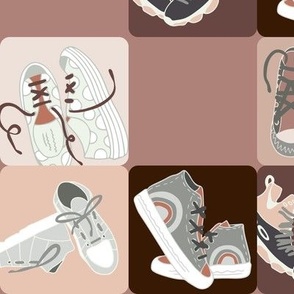 Colorful sneakers (XL) on the checkerboard  - marsala red, peach, brown, grey, white