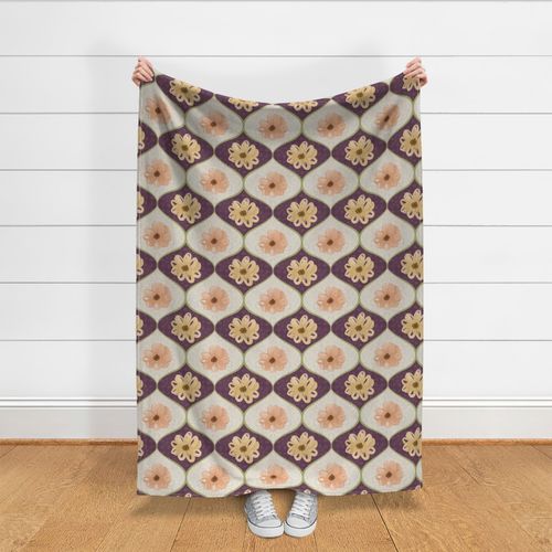 Yellow and peach flowers on an ogee style pattern with lots of texture on a purple background - large