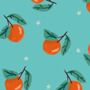 Pop art Fruit - tossed Han drawn Oranges large - tropical fruit over blue teal turquoise - summer citrus wallpaper - kitchen decor
