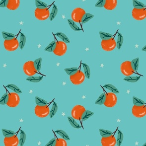 Pop art Fruit - tossed Han drawn Oranges medium - tropical fruit over blue teal turquoise - summer citrus decor - kitchen towel