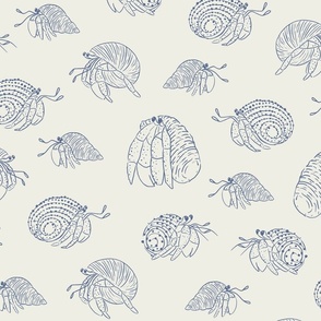 [L] Hermit Crabs line drawing - coastal crustaceans in blue on cream