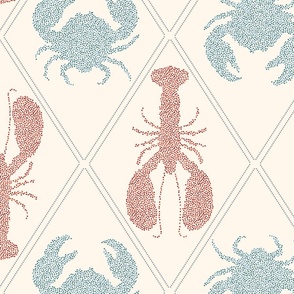 Crustacean Dotted Design with Crab and Lobster in blue, orange and cream