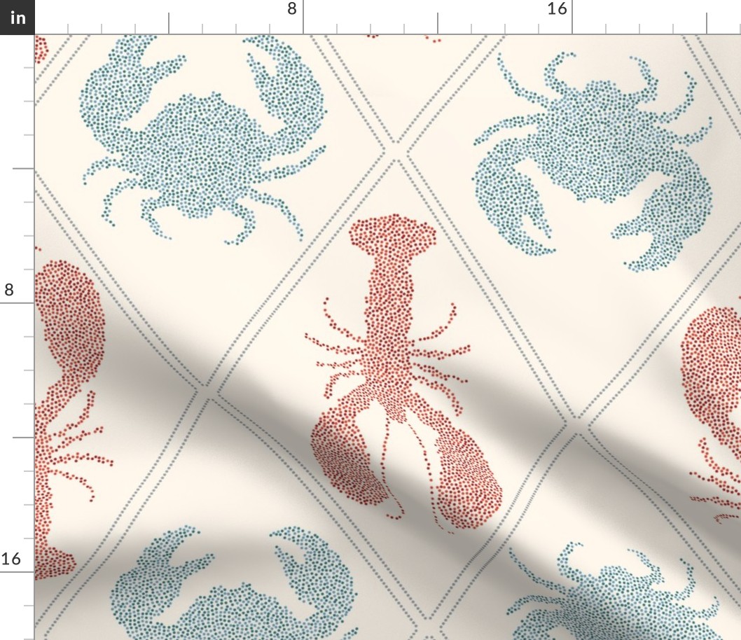 Crustacean Dotted Design with Crab and Lobster in blue, orange and cream