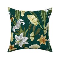 Botanical with White Lilies,  Daffodils,  Arum Lilies and Butterflies, Deep Green Background Large Scale