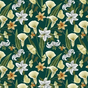 Botanical with White Lilies,  Daffodils,  Arum Lilies and Butterflies, Deep Green Background Small Scale