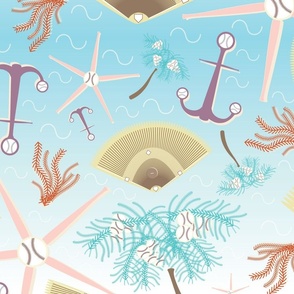 Baseball at the Beach, Crustacean Core, SM SCALE, 6300, v08—field, player, fan, children, kids, child, nursery, baby, boy, girl, sheets, bedroom, all-star, vacation, sports, starfish, seashell, shell, anchor, seaweed, kelp, coral, ocean, water, waves, par