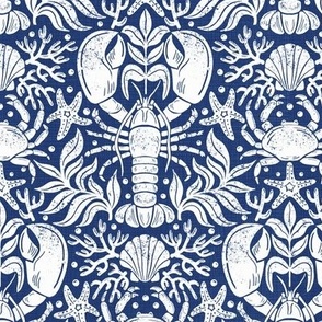 Lobster and crab damask navy WB24 medium scale
