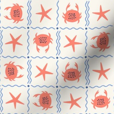 Small Cute Crab and Starfish Checkerboard in Coral Red, Light Ivory and Cornflower Blue