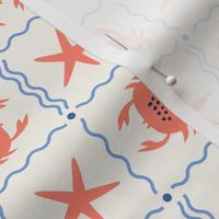 Small Cute Crab and Starfish Checkerboard in Coral Red, Light Ivory and Cornflower Blue