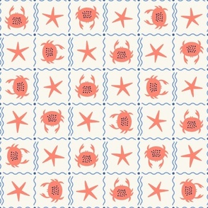 Small Cute Crab and Starfish Checkerboard in Coral Red, Light Ivory and Cornflower Blue