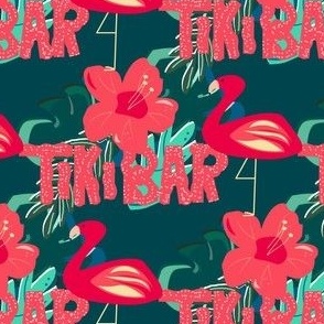 Tiki bar wording with flamingo and flowers