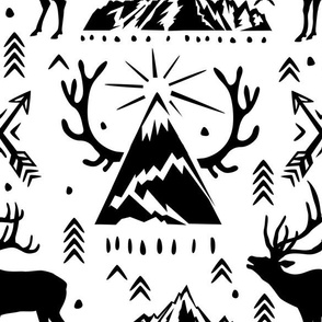 Deer, antlers arrows and and mountains
