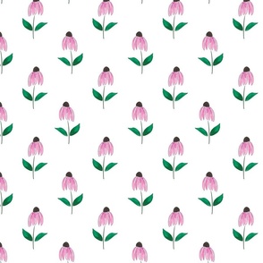 Contemporary Watercolor Coneflower Pattern in Carnation Pink with kelley green leaves