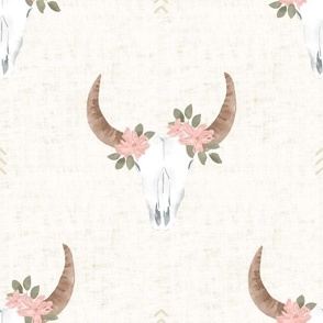 Southwestern Floral Cow Skulls in Rustic Cream Wallpaper (Medium)