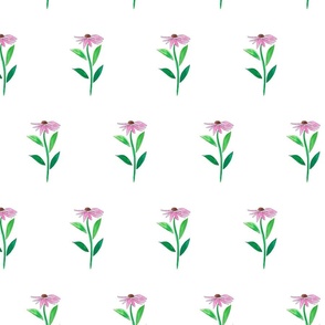 Contemporary Watercolor Full Coneflower Floral Pattern in Carnation. Pink with kelley green leaves