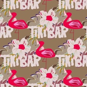 Tiki bar wording with flamingo and flowersd