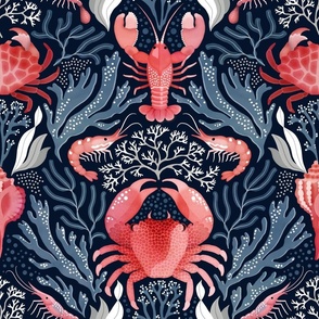 Crustacean core damask in red and blue