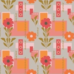 Flower Mid Century Color Block hazy blue c6bdb5, pink ea8b81, orange f49140, green a68331, red e05555 Mini