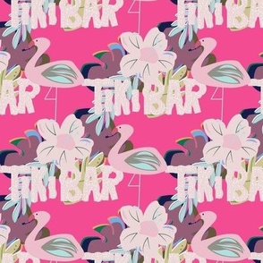 Tiki bar wording with flamingo and flowers