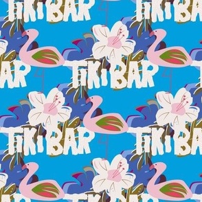 Tiki bar wording with flamingo and flowers
