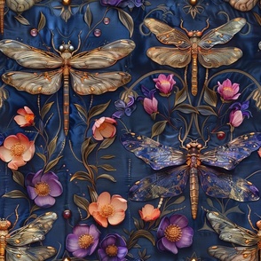 Dragonfly Floral Art Nouveau Damask: Antique Vintage Victorian Inspired Colorful Blue Wallpaper for Home Room Decor
