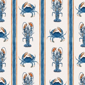 Crustacean Core Lobster & Crab stripe in marine blue & amber orange on a textured cream ground