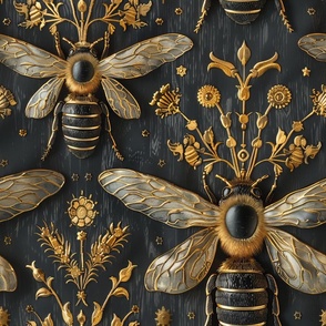 Bees Black and Gold Floral Art Nouveau Damask: Antique Vintage Victorian Inspired Wallpaper for Home Room Decor