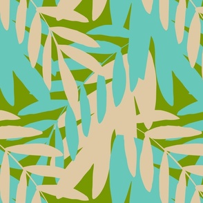 Tan and blue leaf design on green background