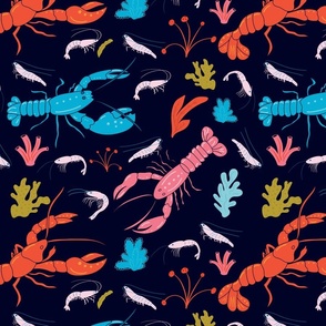 Crustacean Core  / Navy Blue Background / Lobsters and shrimps, pink, orange and blue