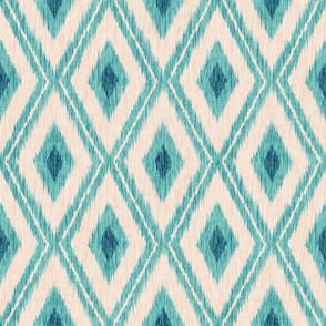 Abstract geometric ikat pattern. Turquoise and white.