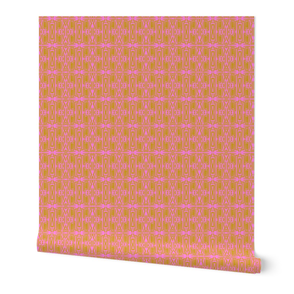 ChiChi Bamboo Party Wall Mini Palm Royale Glamour Bubblegum Pink With Gold Mid-Century Modern 60’s Luxe Chinoiserie Geo Abstract Wallpaper Pool Beach Resort Colorful Bright Pattern