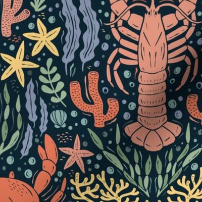 Crustacean Sea Party - crabs, lobsters, starfish, coral, shells - dark - medium