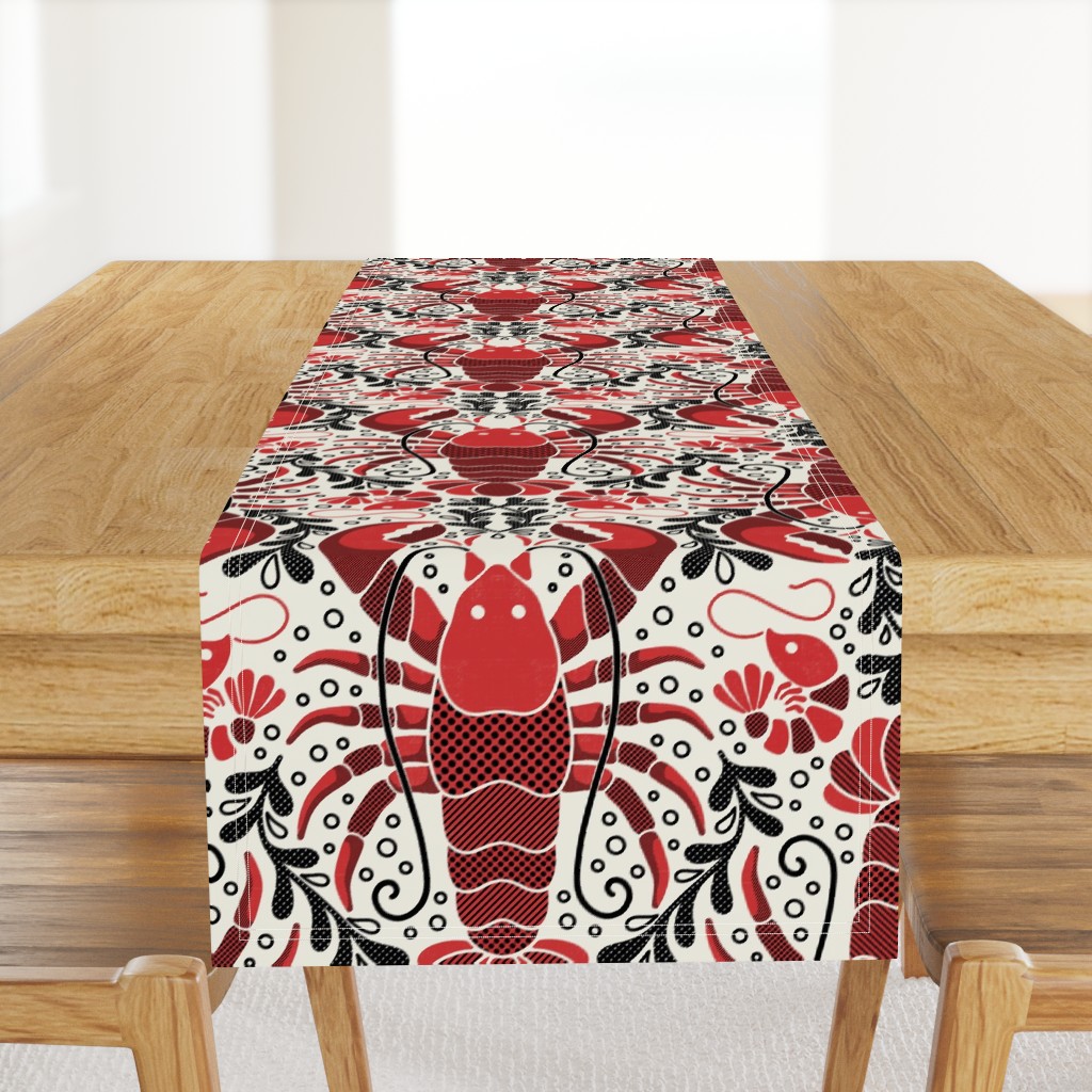 Whimsical lobsters and shrimps red cream and black - home decor - kitchen - wallpaper - curtains - maximalist - sea food.