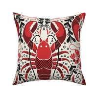 Whimsical lobsters and shrimps red cream and black - home decor - kitchen - wallpaper - curtains - maximalist - sea food.