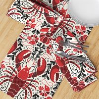 Whimsical lobsters and shrimps red cream and black - home decor - kitchen - wallpaper - curtains - maximalist - sea food.