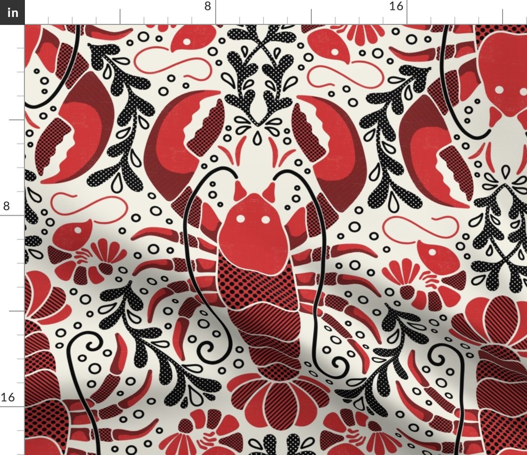 Whimsical lobsters and shrimps red cream and black - home decor - kitchen - wallpaper - curtains - maximalist - sea food.