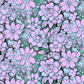 Dense Floral Tapestry - Green + Pink ( Large )
