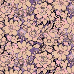 Dense Floral Tapestry - Grey + Light Beige + Pink + Purple ( Large )