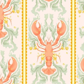 Lobster and Scallop Stripes with Small Flowers -  in peach pink and coral on dusty rose with yellow and pastel green (BR016_01)