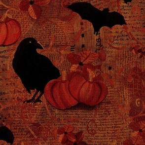 Large24” repeat mixed media vintage handwriting, book paper and hand drawn lace with crows, bats, pumpkins and flowers with faux burlap woven texture inSienna russet brown