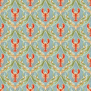 Underwater Habitat- Lobster Seaweed Damask- Nautical Crustacean Summer- Sand White- Small Scale