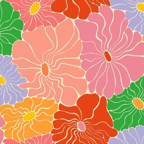 Abstract Art Nouveau Daisy Floral - Retro Minimalist Flower Whimsy - Bright Retro Palette
