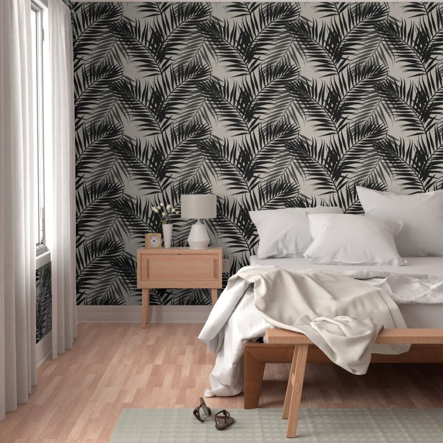 Paradise Palms - Black/ Agreeable Gray Linen-Grasscloth Wallpaper