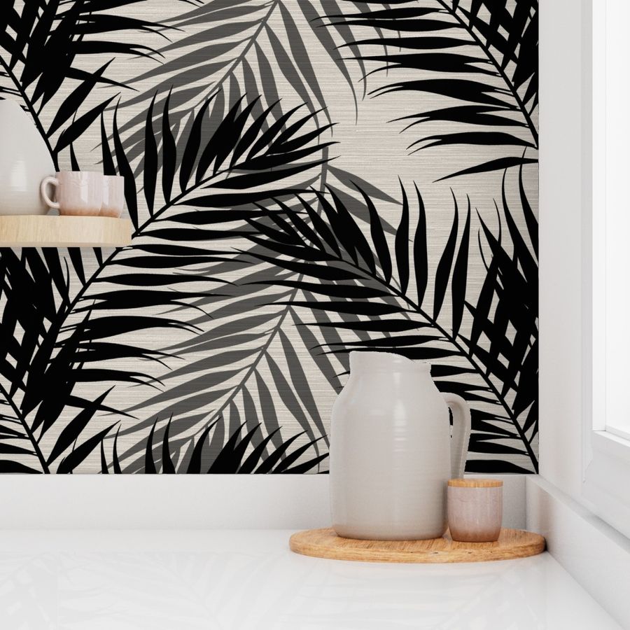 Paradise Palms - Black/ Agreeable Gray Linen-Grasscloth Wallpaper