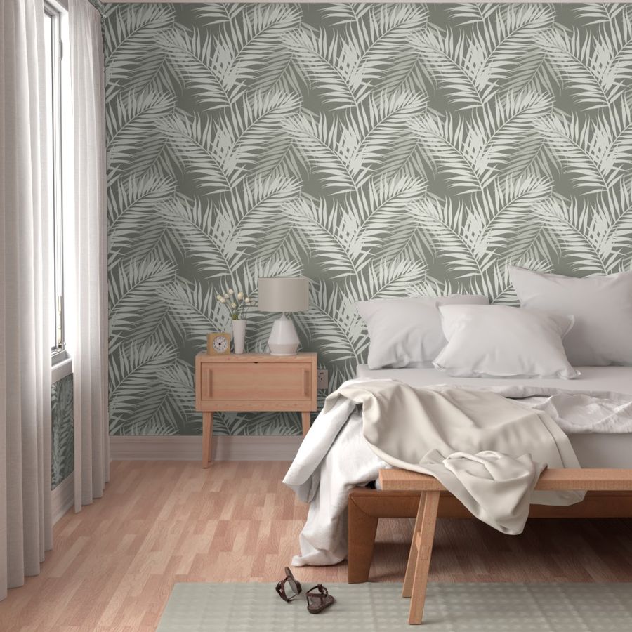 Paradise Palms - Pale Cream on Evergreen Fog Wallpaper