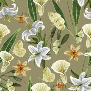Botanical with White Lilies,  Daffodils,  Arum Lilies and Butterflies, Sand Beige Background Large Scale